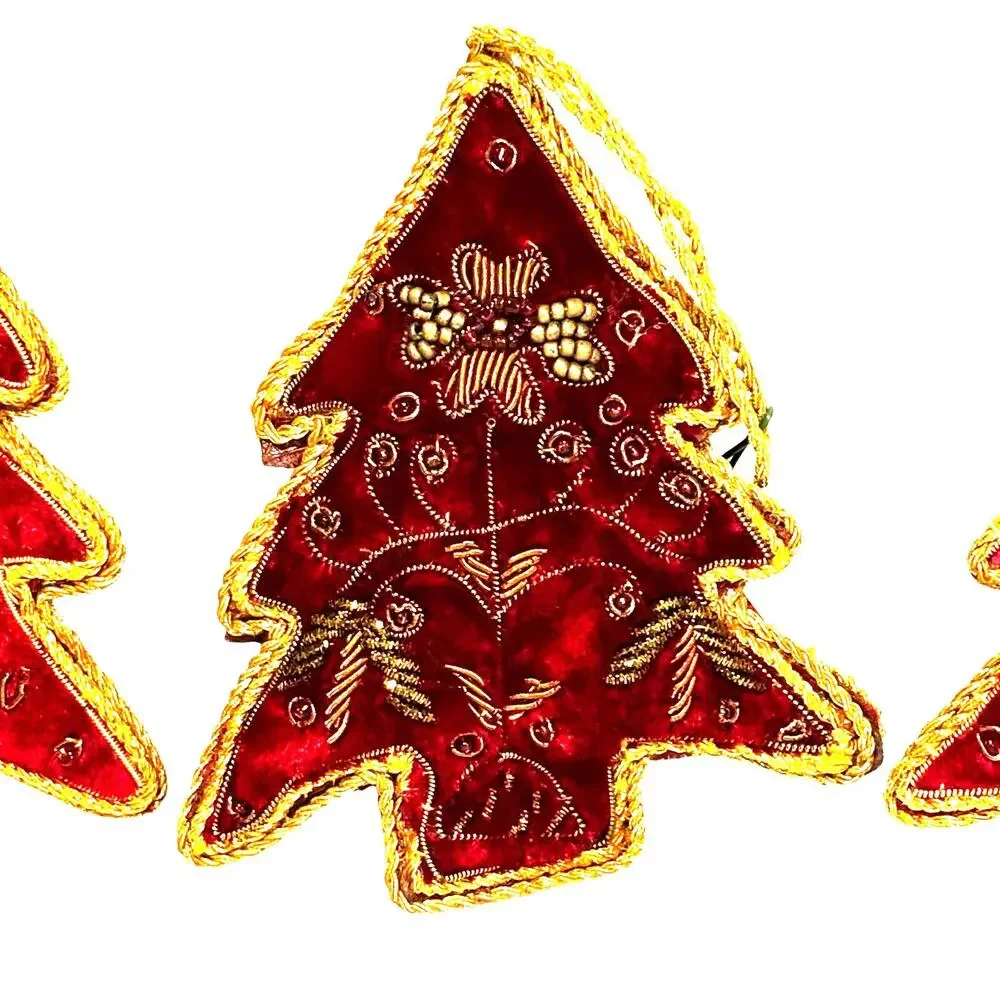 Vintage red velvet Christmas tree ornaments (3) rich gold cord ribbon trim